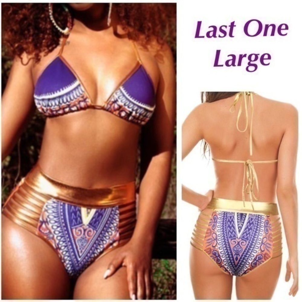 2PC Set Large Purple/ Gold High Waist Swim Set